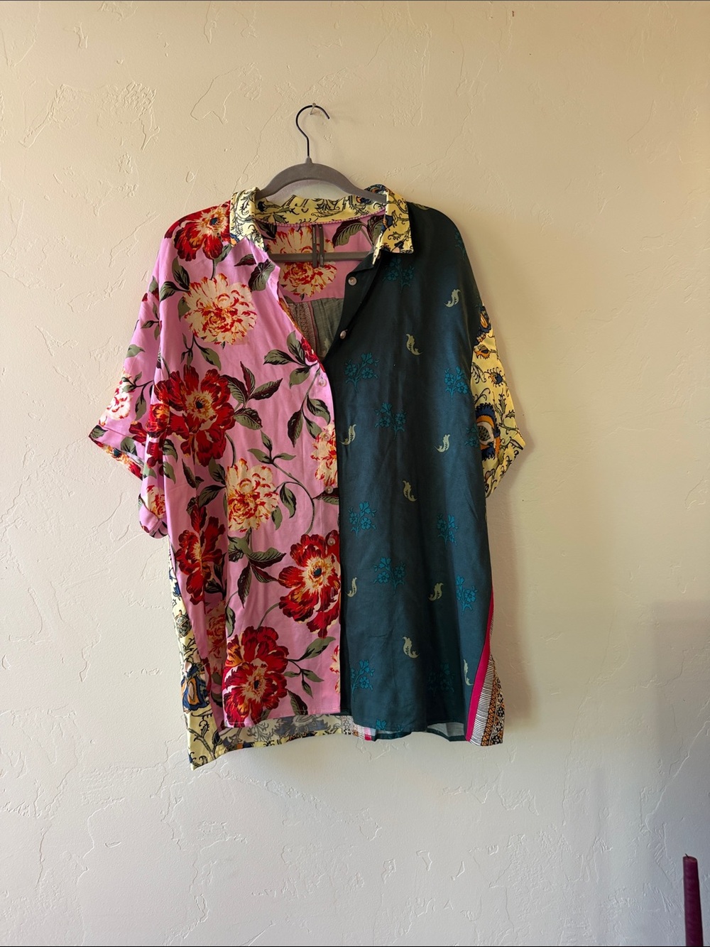 Anthropologie Pink Floral & Teal Mixed-Panel Short Sleeve Button-Up